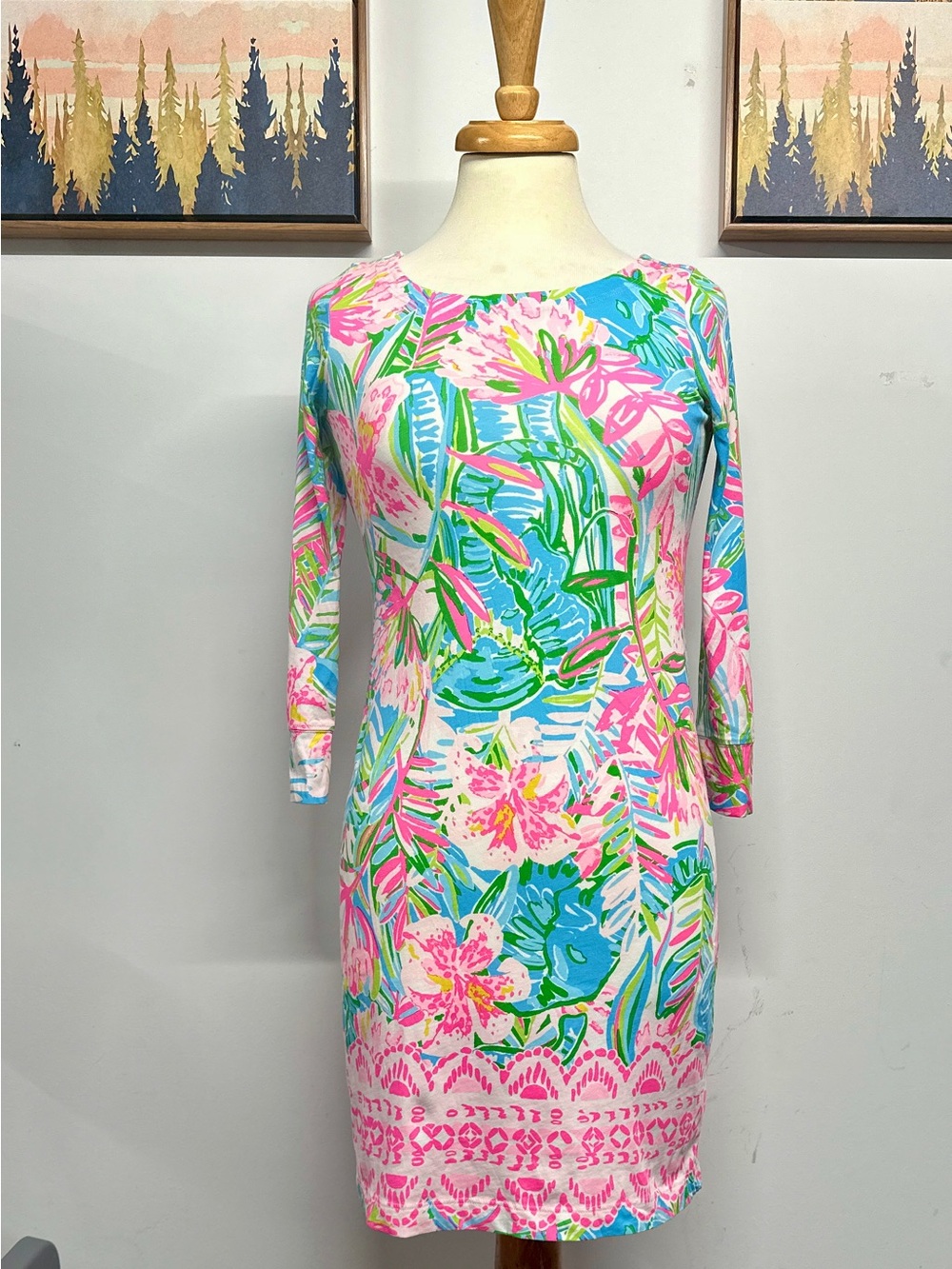 Lilly Pulitzer XS Tropical Floral 3/4 Sleeve Cotton Shift Dress